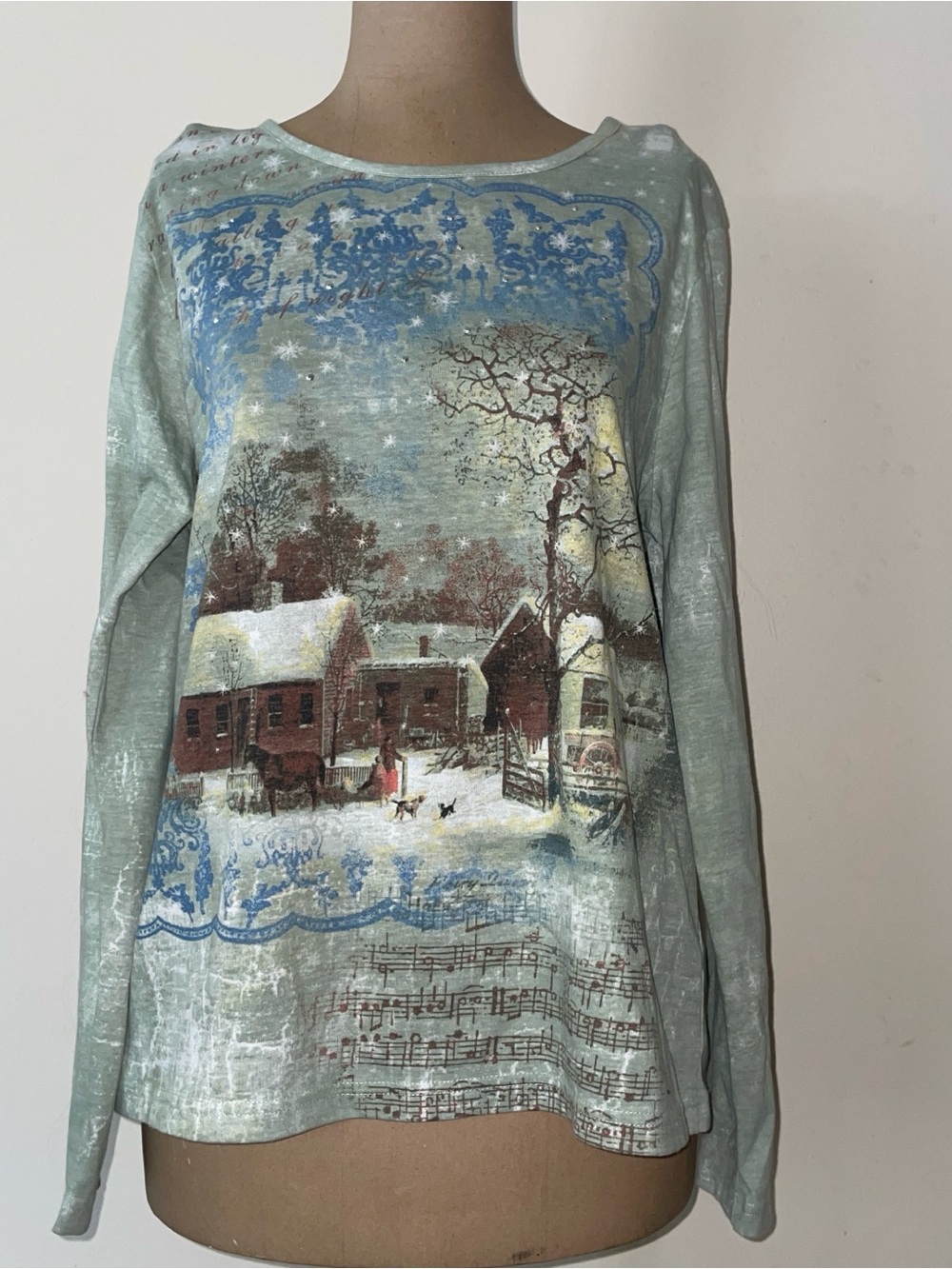 jason maxwell Light Green Scenic Winter Print Crewneck Sweater